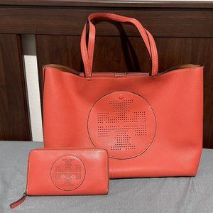 💕 Tory Burch Orange Perforated Logo Tote with Matching Wallet 💕